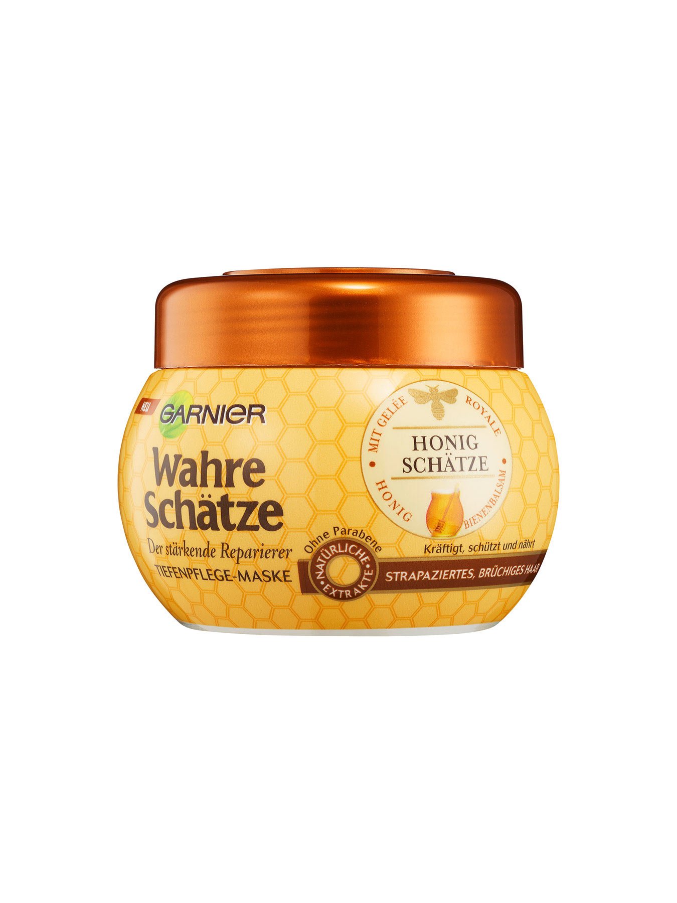 Tiefenpflege-Maske-Wahre-Schaetze-Honig-Schaetze-300ml-Vorderseite-Garnier-De-gross